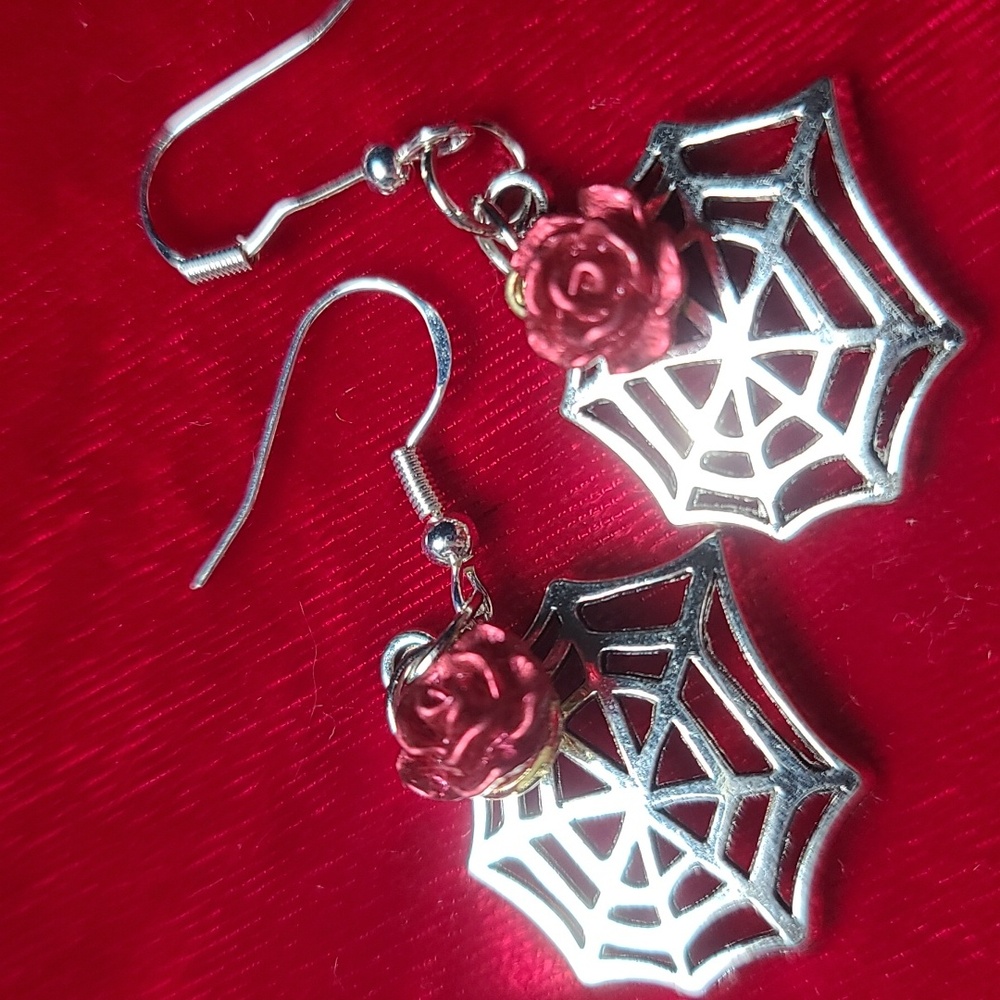 Cobweb & Rose Dangle Silvertone Red Earrings NWT